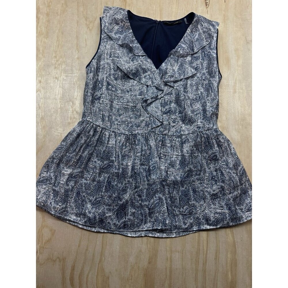 Kobi Halperin Women’s‎ Silk Metallic Top Sz S Lined Ruffle Paisley Silver Navy